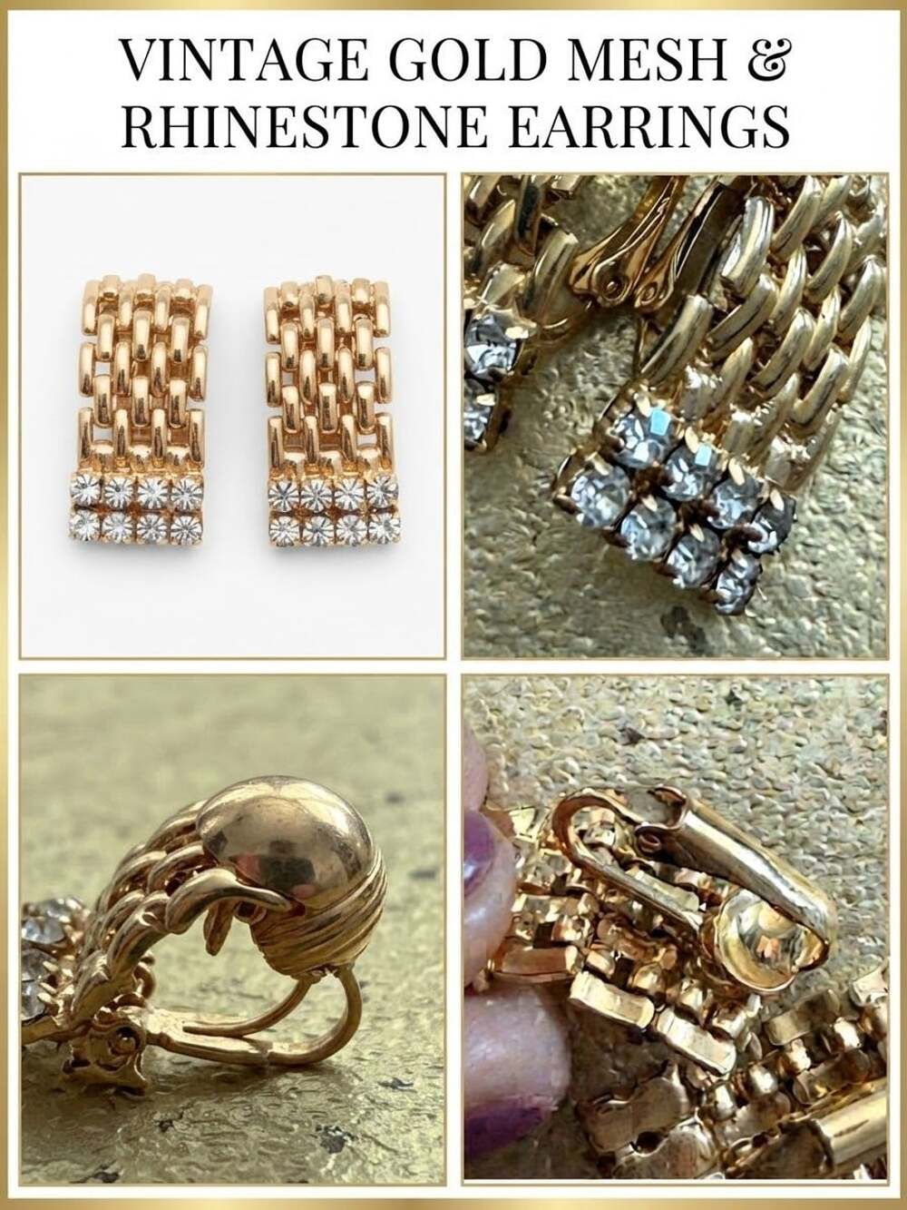 Vintage Gold Tone Mesh And Rhinestone Clip-On Earrings